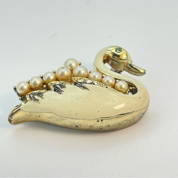 Vintage Coro Swan Brooch | Enamel Paint Rhinestone  Pearl Inlay Bird Pin Jewelry - Picture 4 of 13